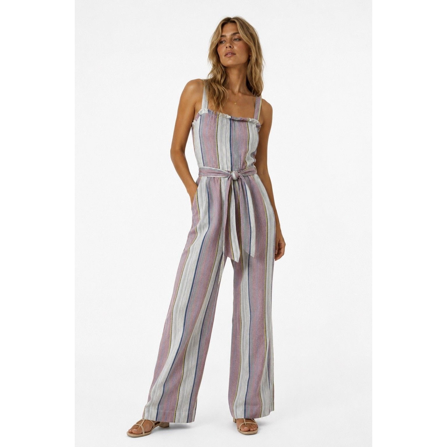 Chaser Beachy Linen Stripe Smocked Wide Leg Jumpsuit Nwt Women’s Small